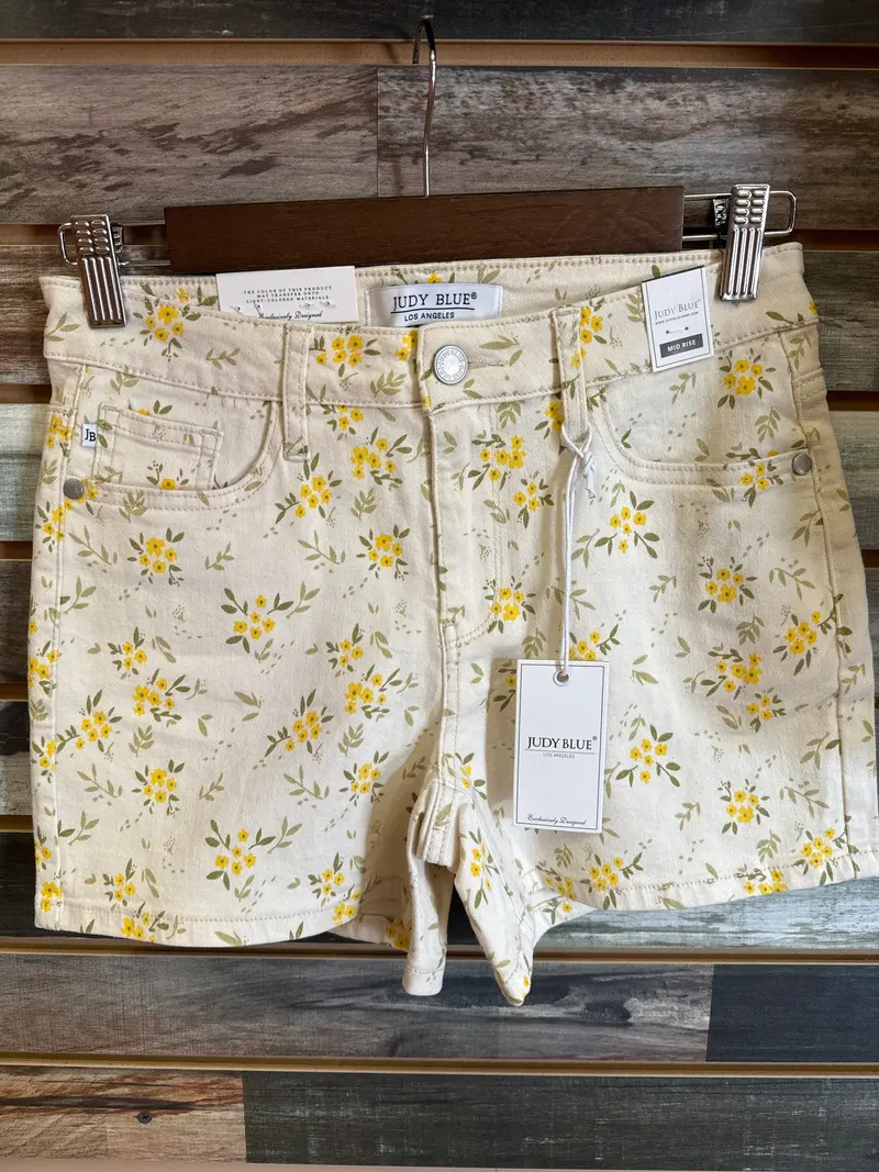 Judy Blue High-Rise Yellow Floral-Print Denim Shorts