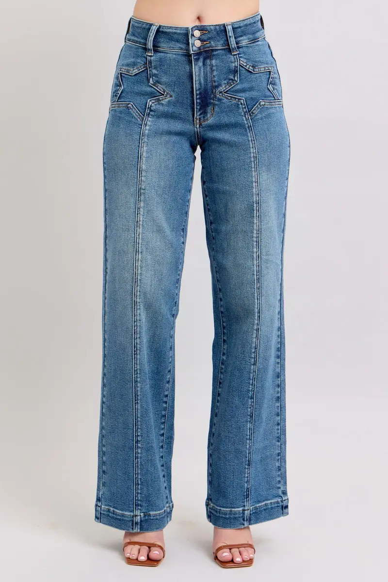 Judy Blue High-Waist Star-Detail Wide-Leg Jeans with Front Seam