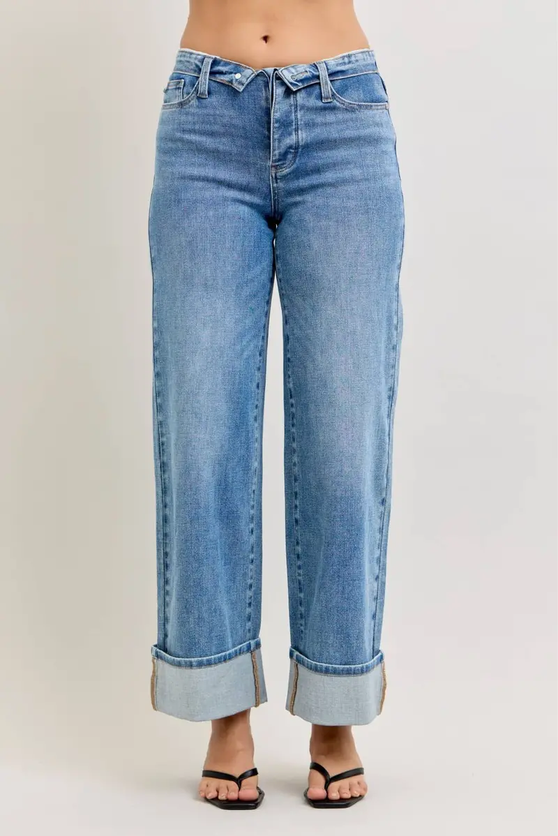 Judy Blue Medium Wash Straight Leg Jeans – Mid-Rise Fold-Over Waistband