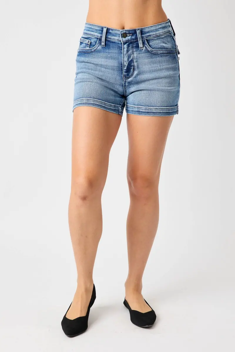 Judy Blue Mid-Rise Contrast-Pocket Denim Shorts – Faux Flap Detail (Regular & Plus)