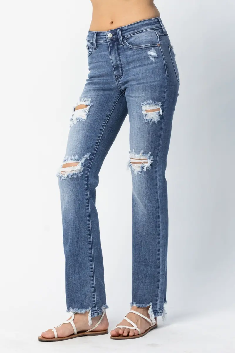 Judy Blue Mid-Rise Distressed Straight-Leg Jeans
