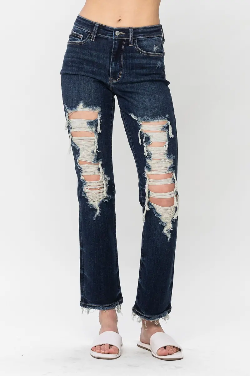Judy Blue Mid-Rise Heavily Destroyed Straight-Leg Jeans