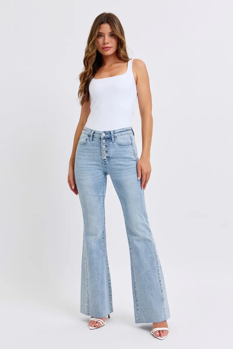 Judy Blue Rhinestone Flare Jeans – Mid-Rise Glamour Fit