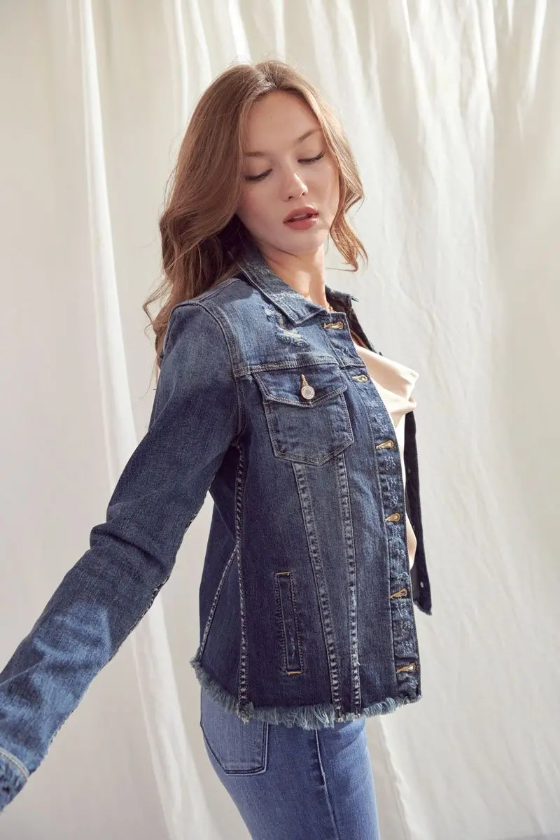 Kancan Distressed Dark-Wash Denim Jacket