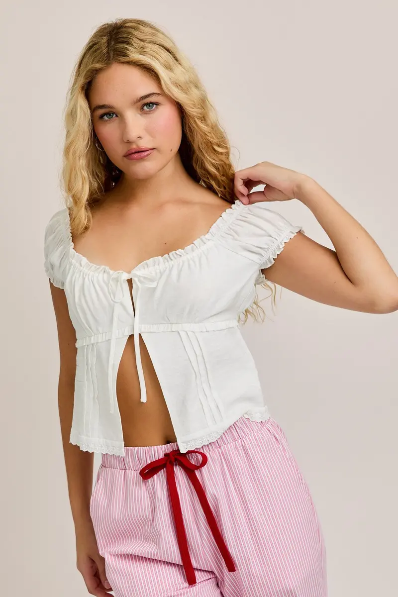 Le Lis Pleated Tie-Front Top – Textured Modern Blouse