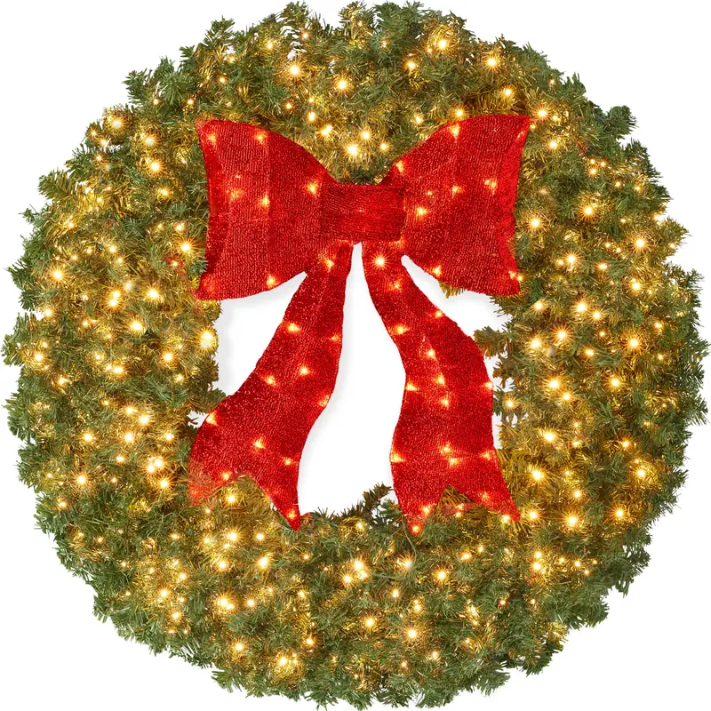 LED-Lit Artificial Fir Christmas Wreath with Festive Red Bow