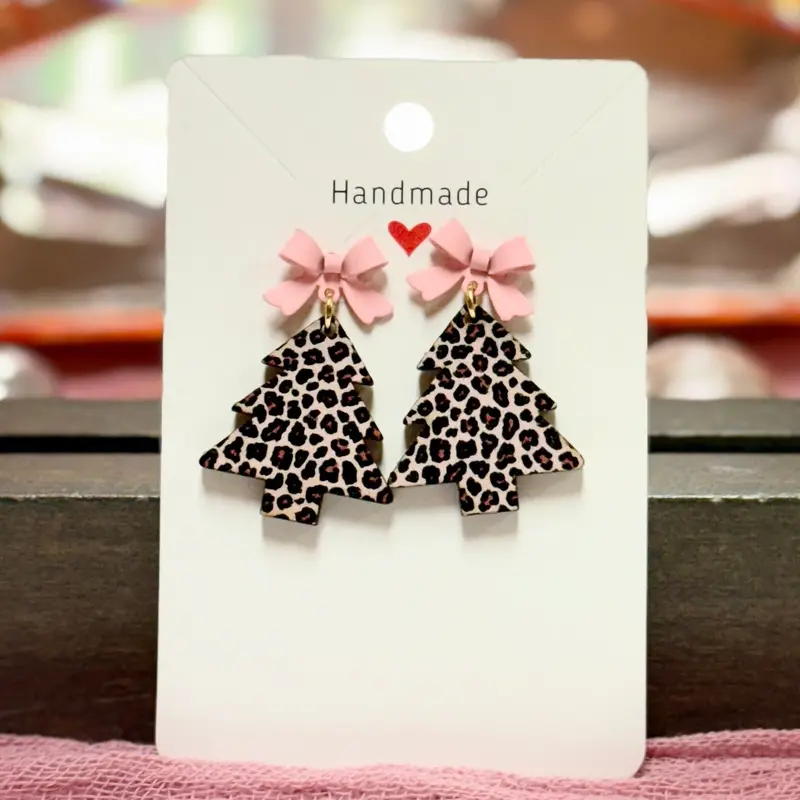 Leopard-Print Tree Earrings Featuring Festive Bow