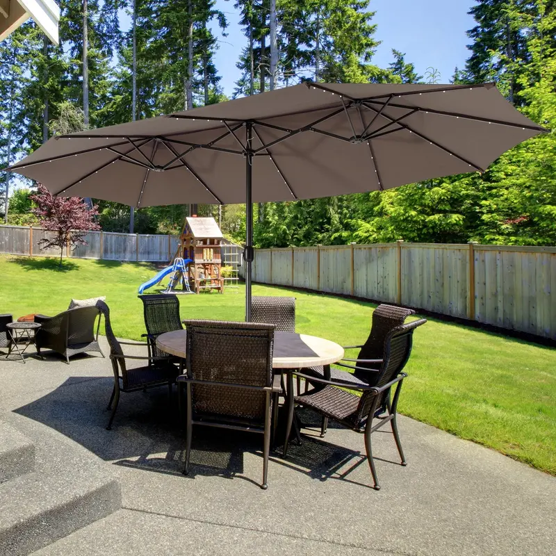 Light Brown 15′ Twin Patio Umbrella – Solar-Powered with 48 LED Lights