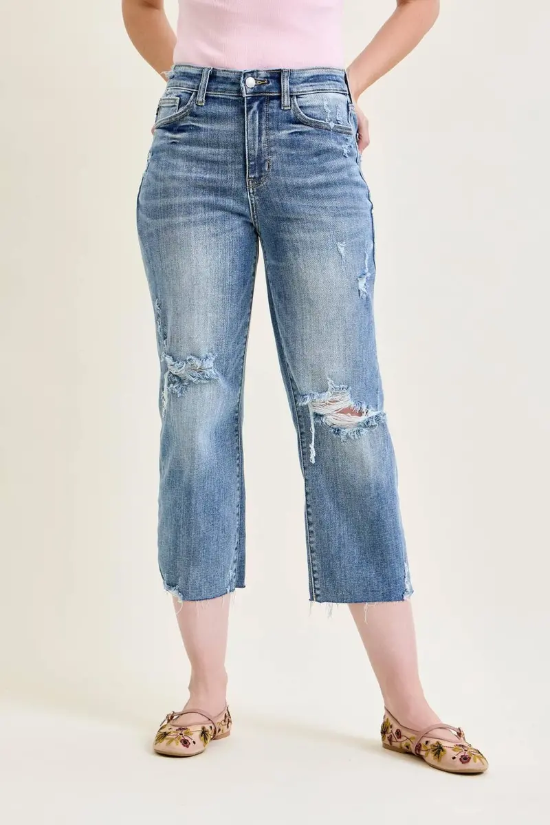 Light Wash High-Waist Destroyed Crop Wide-Leg Jeans