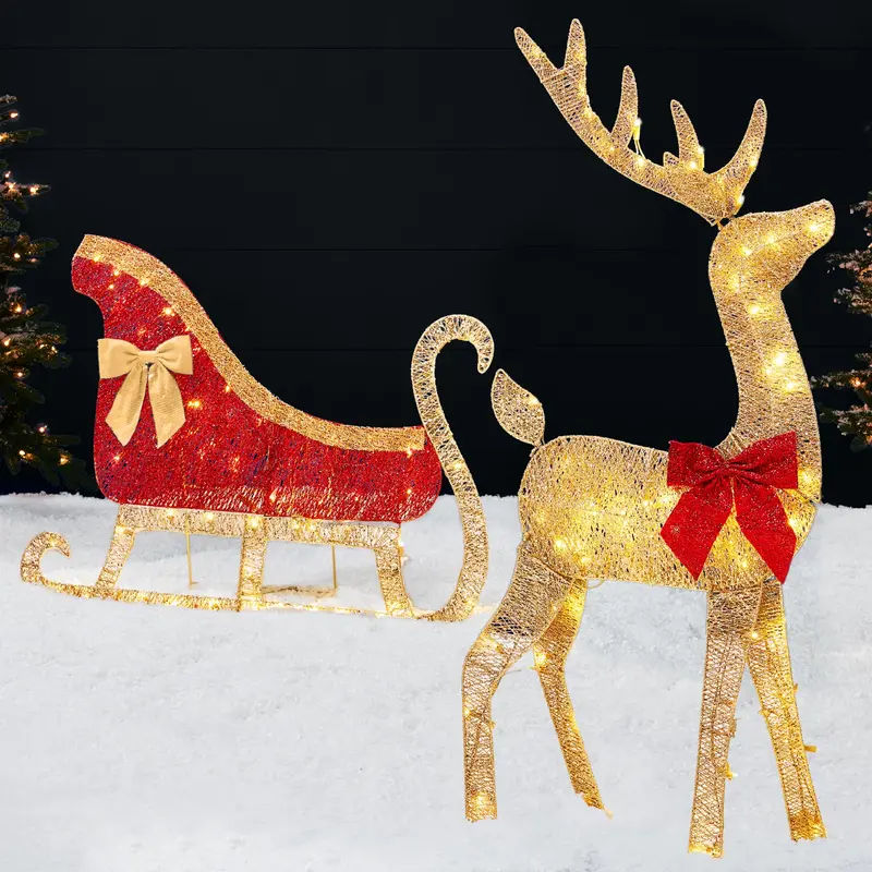 Lighted 2D Outdoor Reindeer and Sleigh Decoration with Warm White Twinkling LEDs