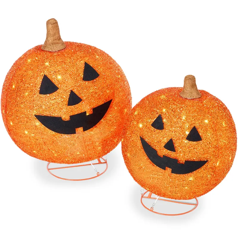 Lighted Pop-Up Outdoor Pumpkin Decor Set – 2-Piece with 130 Warm White LEDs