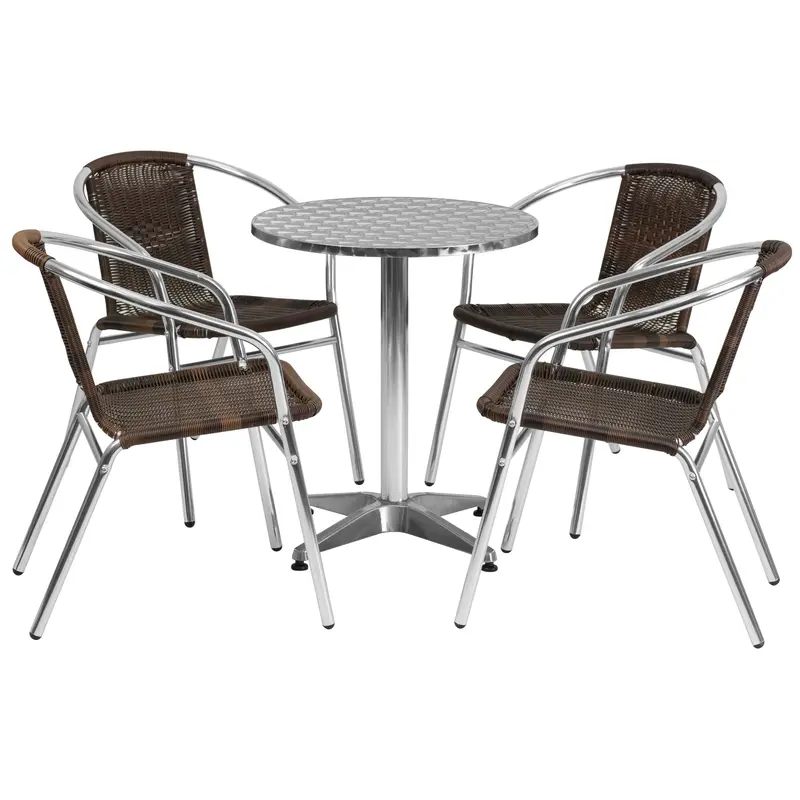 Lila 23.5″ Round Aluminum Patio Table Set with Four All-Weather Rattan Chairs
