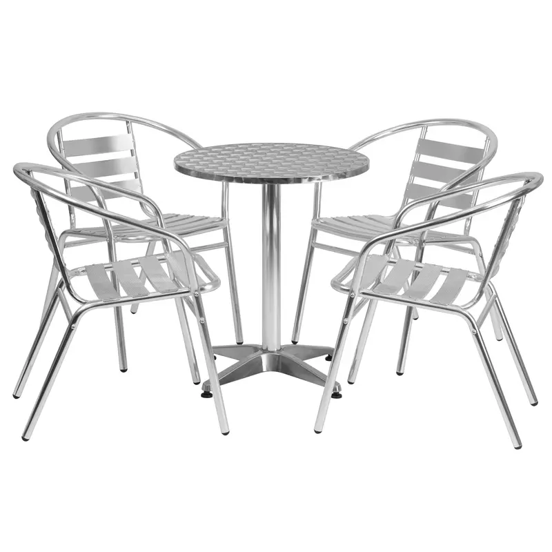 Lila 23.5″ Round Aluminum Patio Table Set with Four Slat-Back Chairs