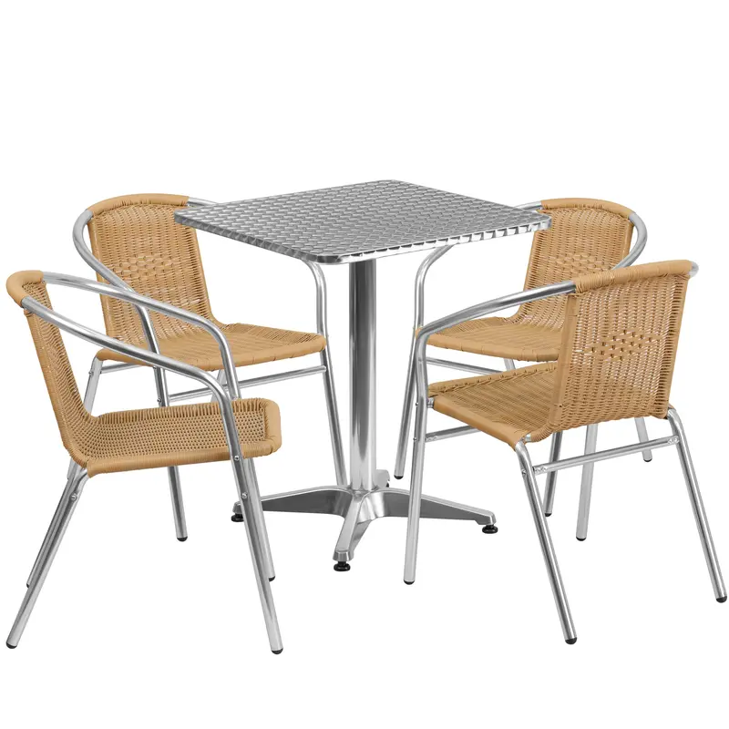Lila 23.5″ Square Aluminum Patio Table Set with Four All-Weather Rattan Chairs