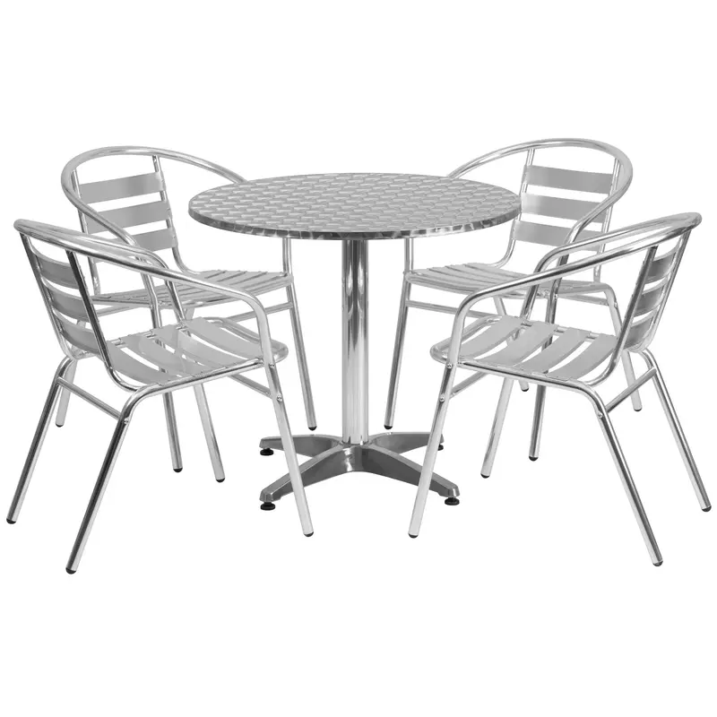 Lila 31.5-Inch Round Aluminum Table Set with Four Slat-Back Chairs