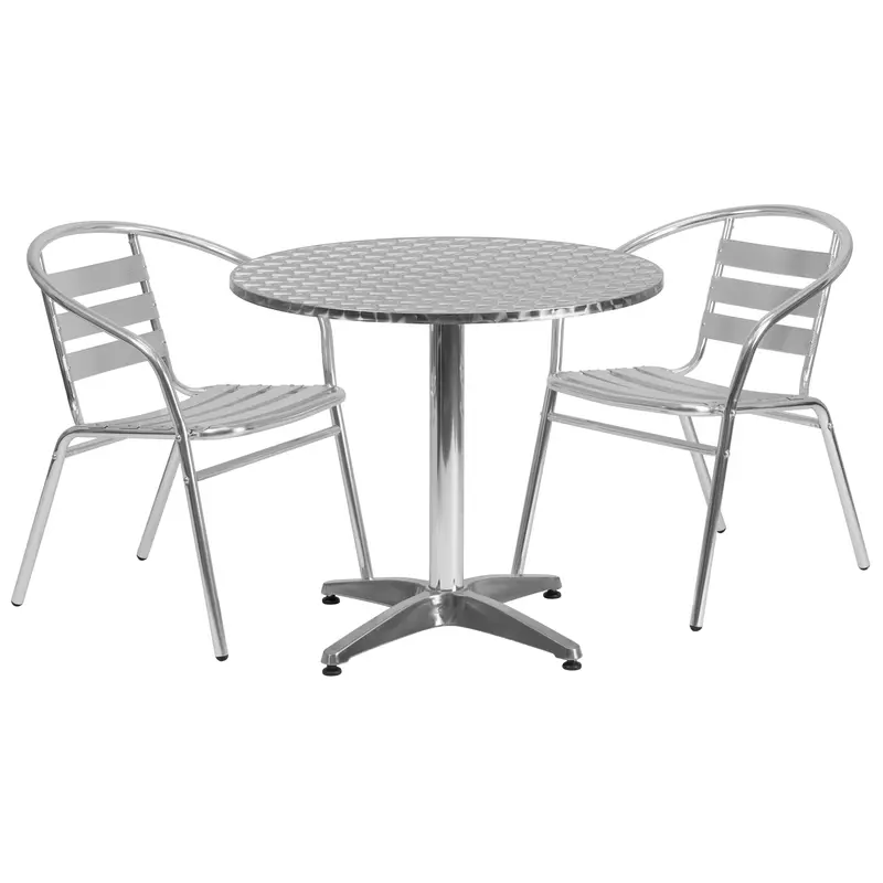 Lila 31.5-Inch Round Aluminum Table Set with Two Slat-Back Chairs