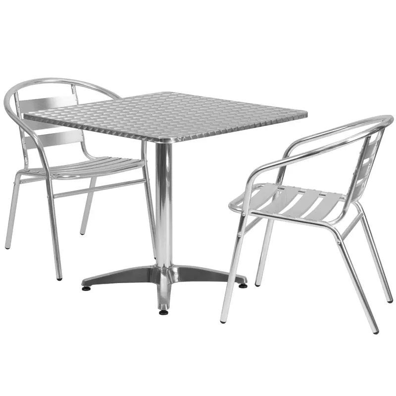 Lila Aluminum Outdoor Table Set – 31.5″ Square Top with 2 Slat-Back Chairs