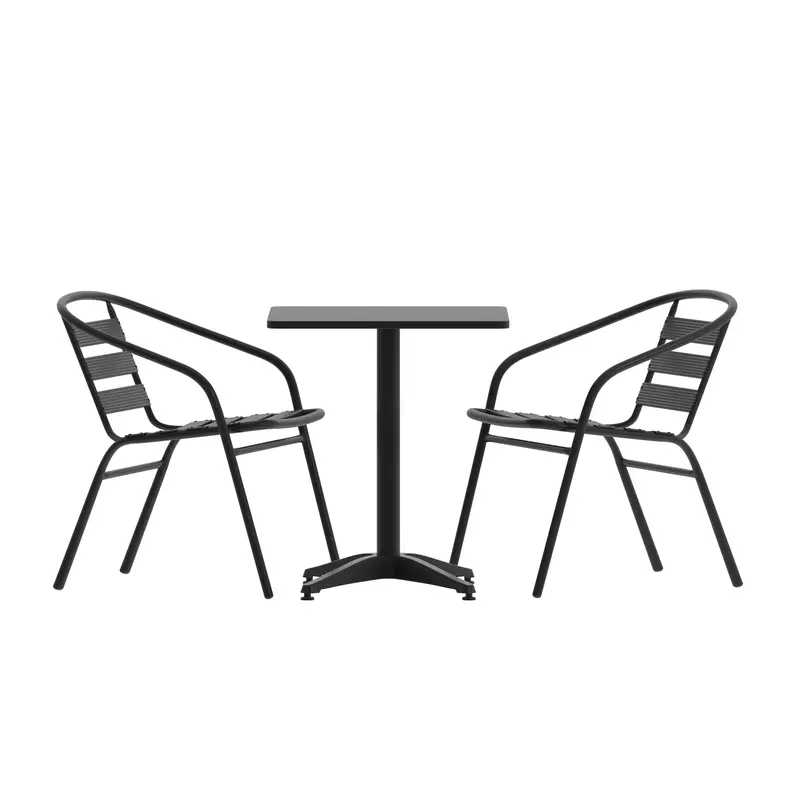 Lila Compact Aluminum Patio Set: 23.5″ Square Table + 2 Slat-Back Chairs