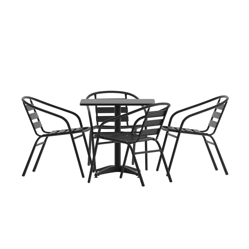 Lila Expanded Aluminum Set – 27.5″ Square Table + 4 Slat Back Outdoor Chairs