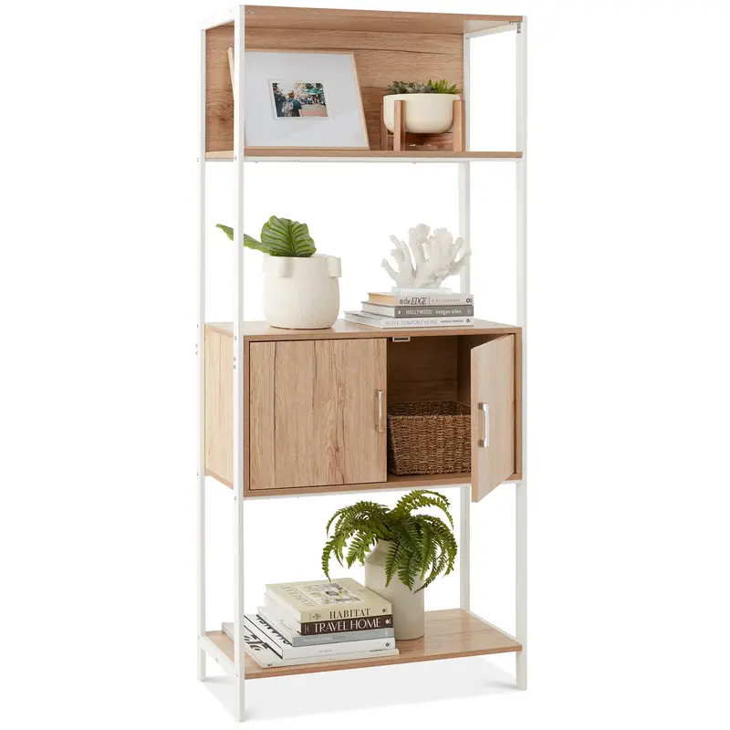 Living Room Storage Bookshelf with Concealed Cabinet & Elevated Pedestal Base