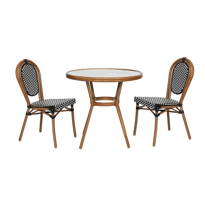 Lourdes 31.5-Inch Bistro Table Set – Glass Top, PE Rattan Base + 2 Stack Chairs