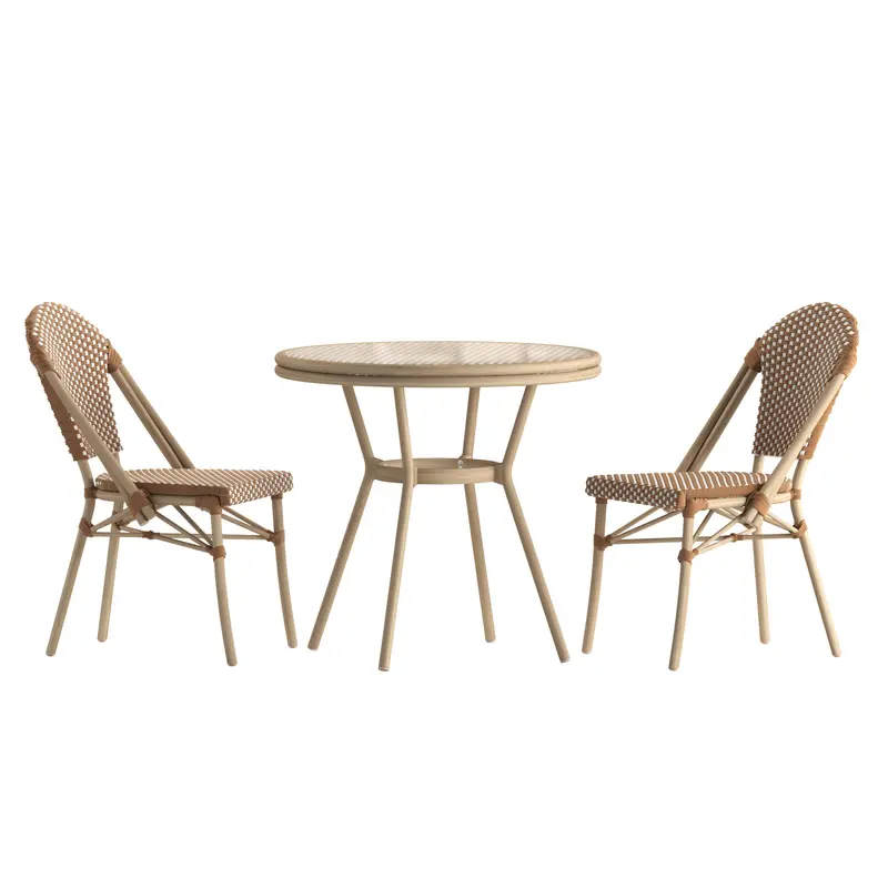 Lourdes Outdoor Bistro Bundle – 31.5 in Table with Glass Top + 2 Stack Chairs