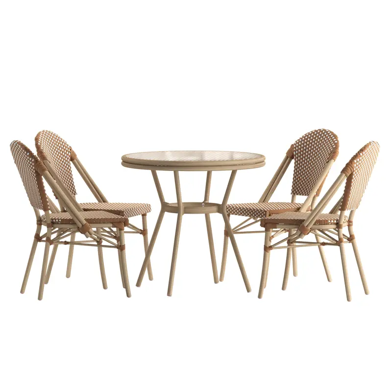 Lourdes Outdoor Dining Bundle – 31.5 in Table with Glass Top + 4 Stack Chairs