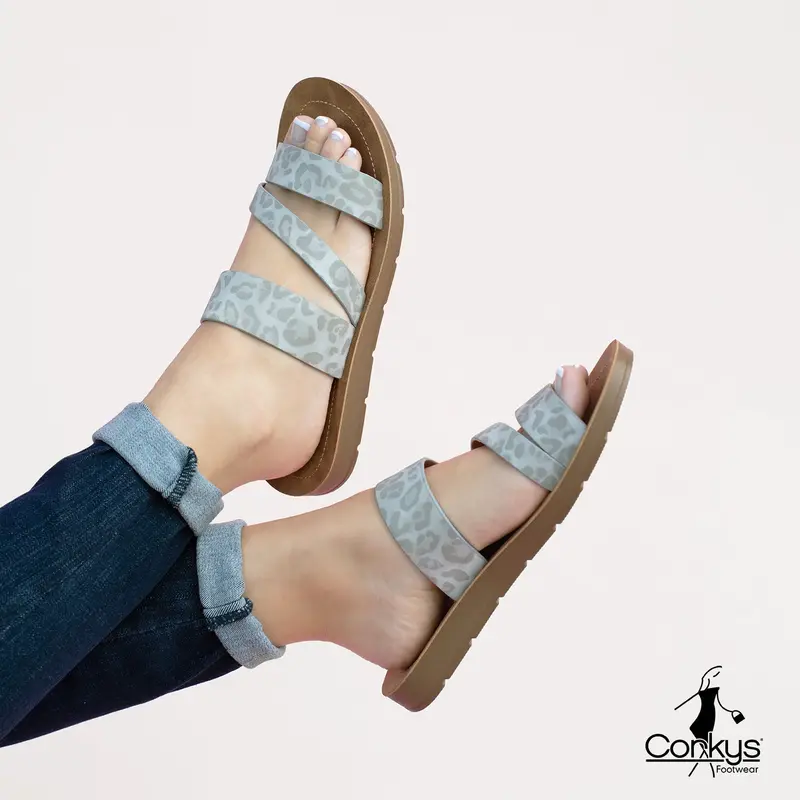 Lydia Grey Leopard-Print Slip-On Sandals