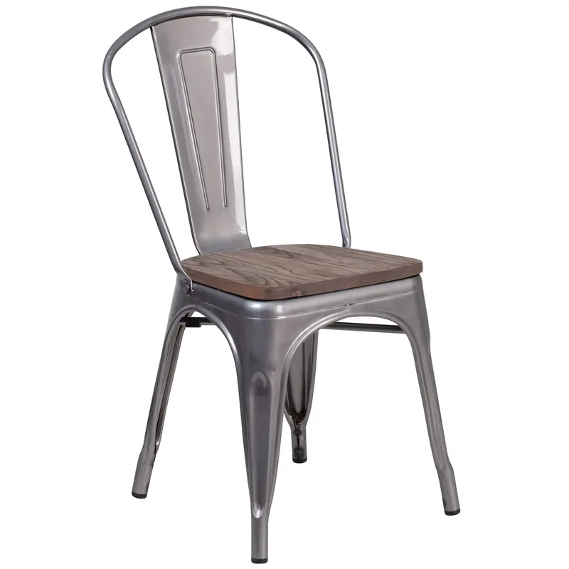 Metal Stackable Chair with Solid Wood Seat