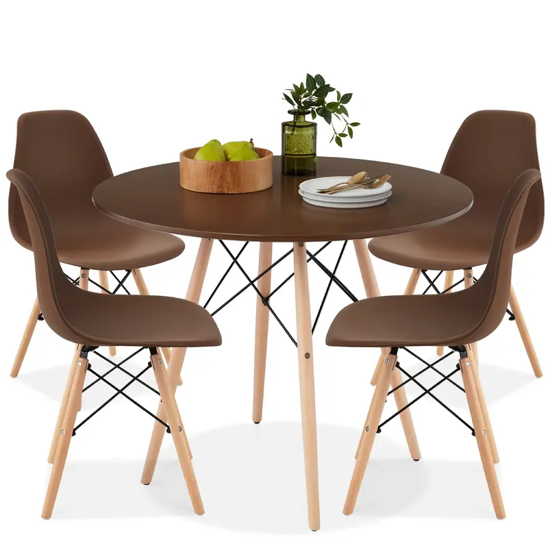 Mid-Century Dining Set: Solid Wood Table + 4 Upholstered Chairs with Metal Frames