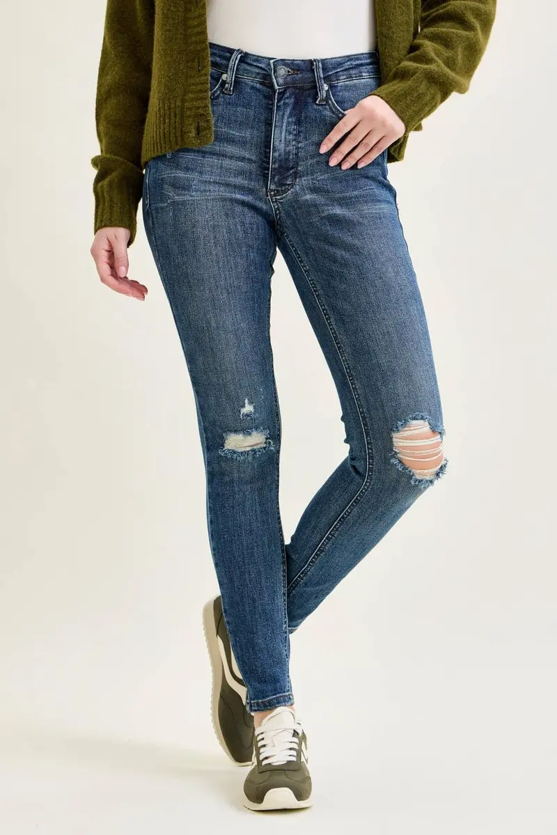 Mid-Rise Dark Wash Skinny Jeans with Tummy Control