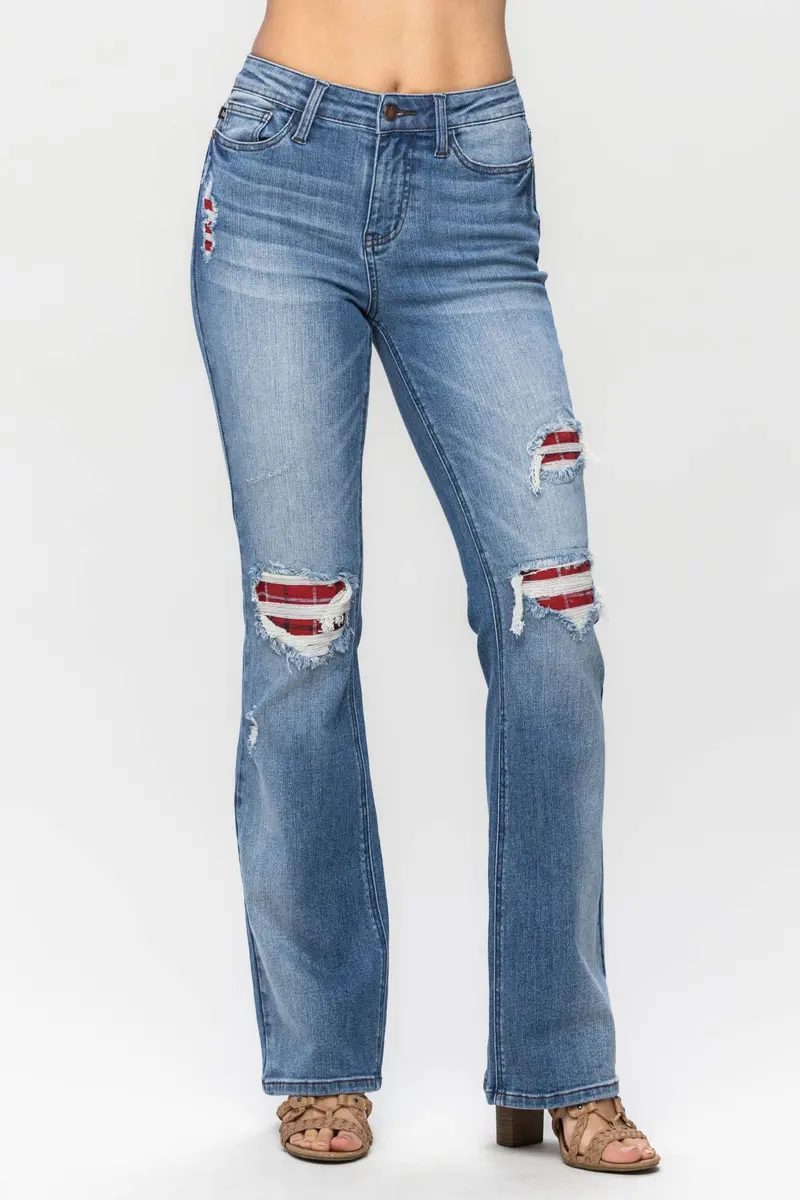 Mid-Rise Plaid Patch Bootcut Jeans – Judy Blue