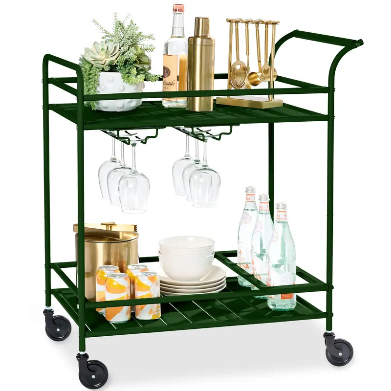 Mobile 2-Tier Bar Cart for Indoor or Outdoor Use – Includes Wine Rack & Locking Casters