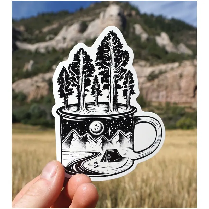 Mountain Camping Sticker Art Featuring Camp Cup Design
