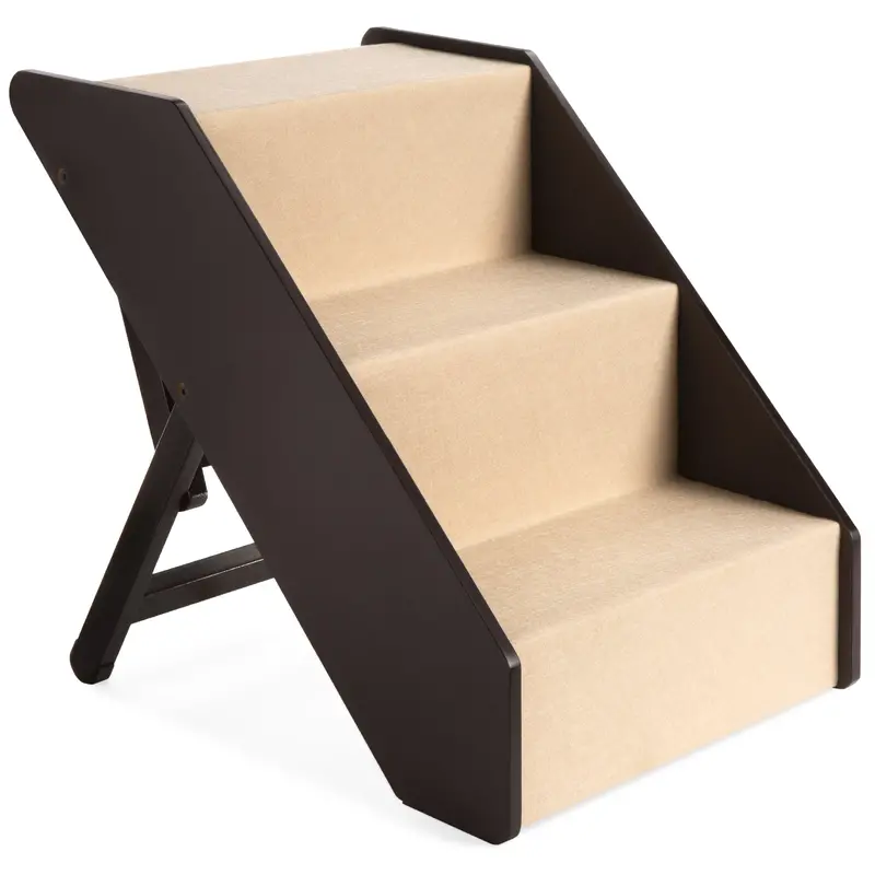 Non-Slip Foldable Pet Stairs with Wide Wooden Steps, Carpeted Treads & Adjustable Height