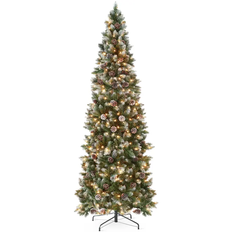 Partially Flocked Pencil-Shape Christmas Tree Adorned with Pine Cones and Reinforced Metal Stand