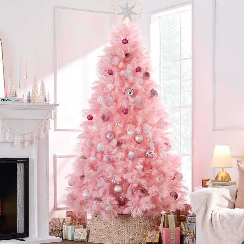 Pink Pampas Grass-Style Artificial Christmas Tree with Sturdy Foldable Metal Base