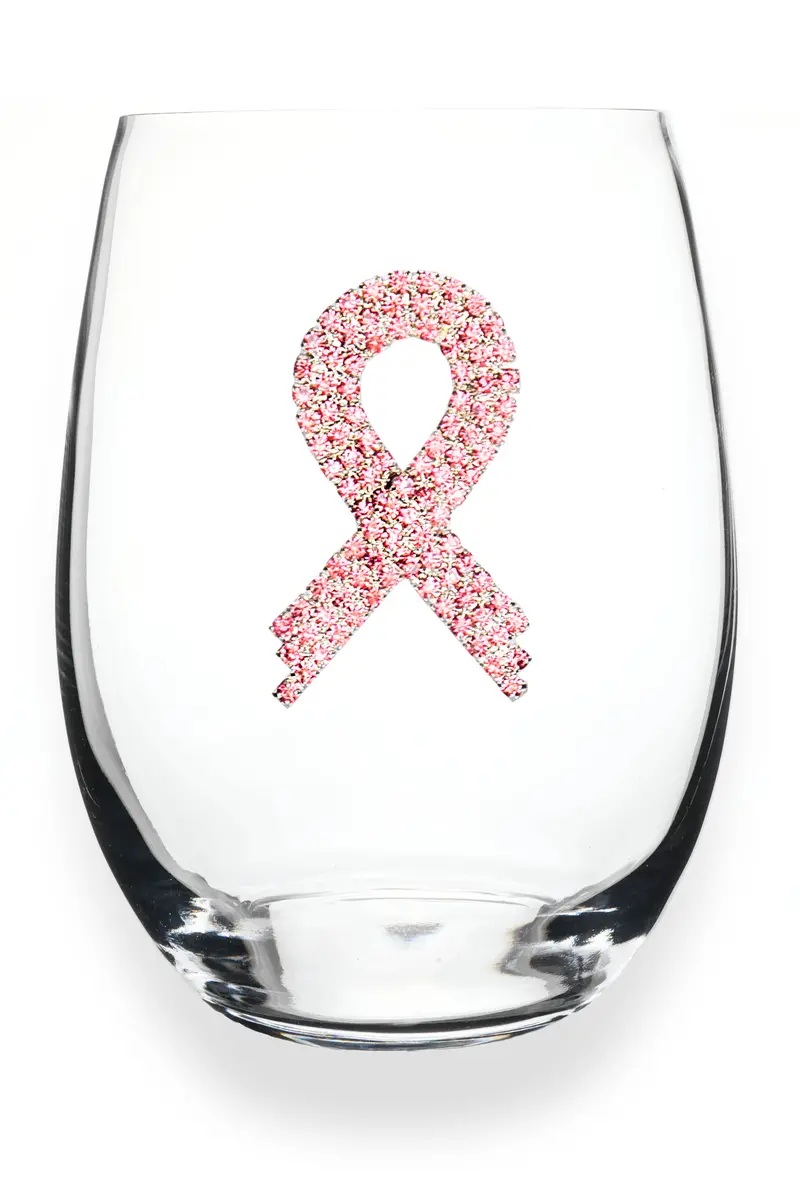 Pink Ribbon Embellished Stemless Wine Glass
