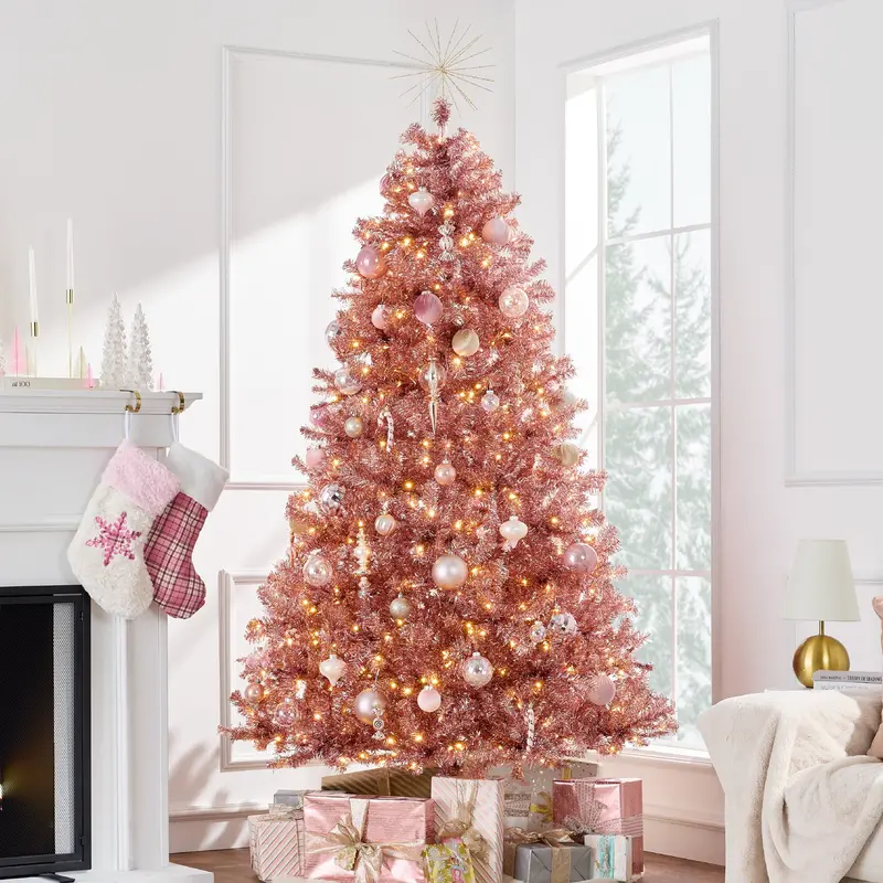 Pink Tinsel Artificial Christmas Tree with Pre-Strung Lights and Easy-Fold Metal Stand