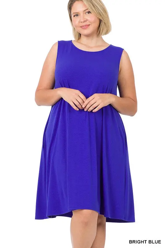 Plus-Size Flared Sleeveless Dress Featuring Side Pockets