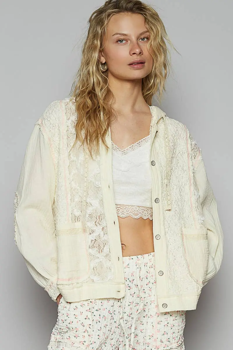 Polka-Dot Lace Balloon-Sleeve Knit Jacket