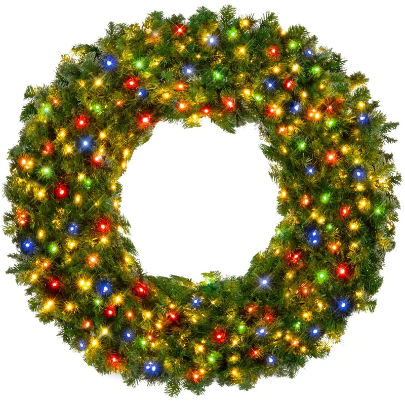 Pre-Lit Artificial Fir Wreath with Multicolor LED Lights and Realistic PVC Tips