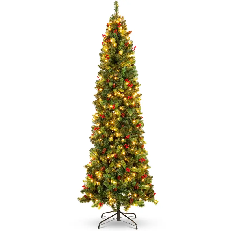 Pre-Lit Natural-Look Spruce Pencil Christmas Tree Adorned with Berries and Pine Cones