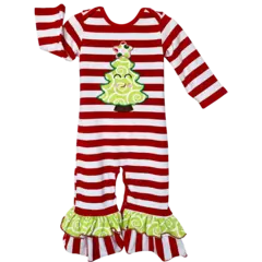 Red and White Christmas Tree Striped Romper for Baby Girls