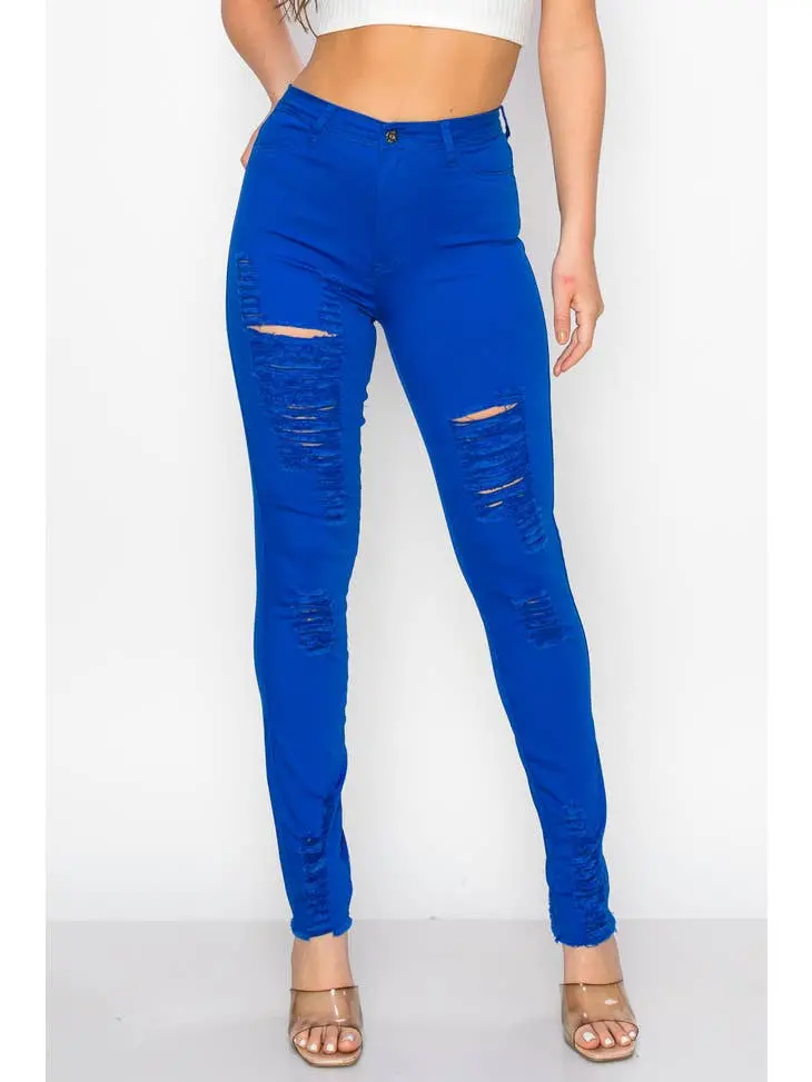 Royal Blue Distressed Skinny Jeans – High-Rise Slim Silhouette