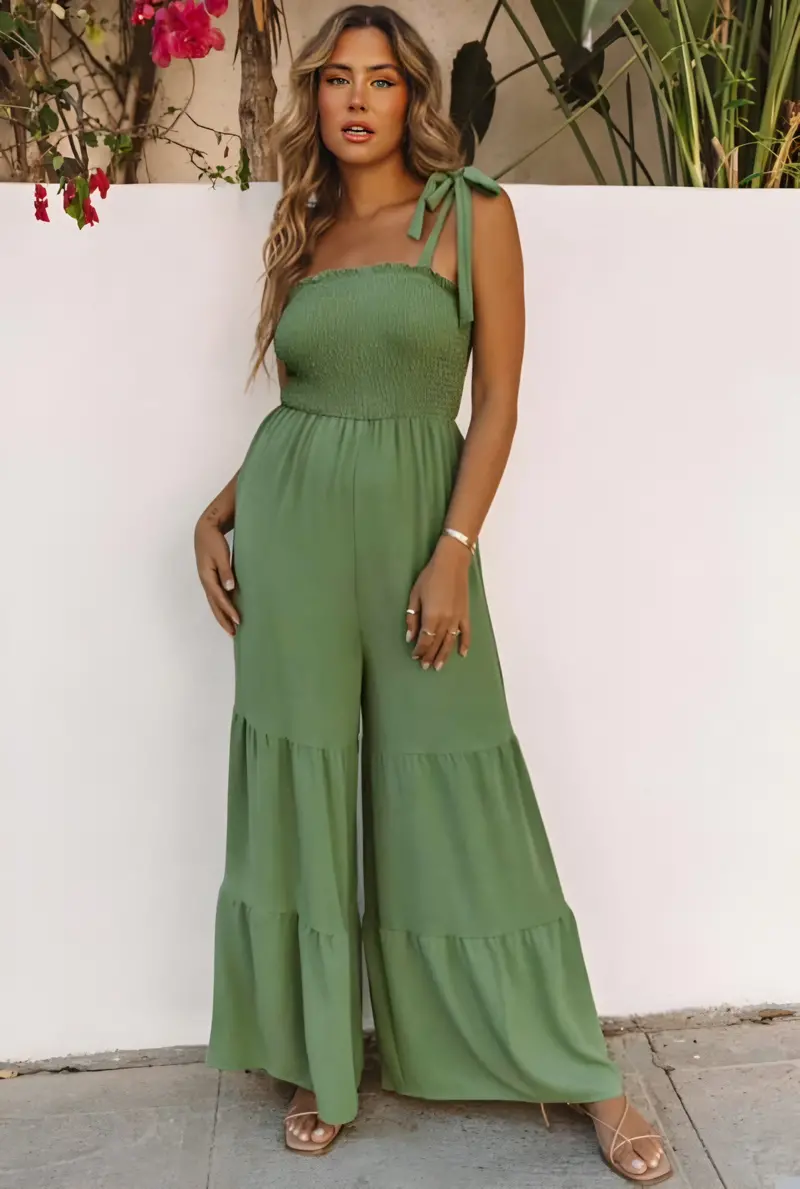 Sage Green Tiered Jumper with Wide-Leg Silhouette