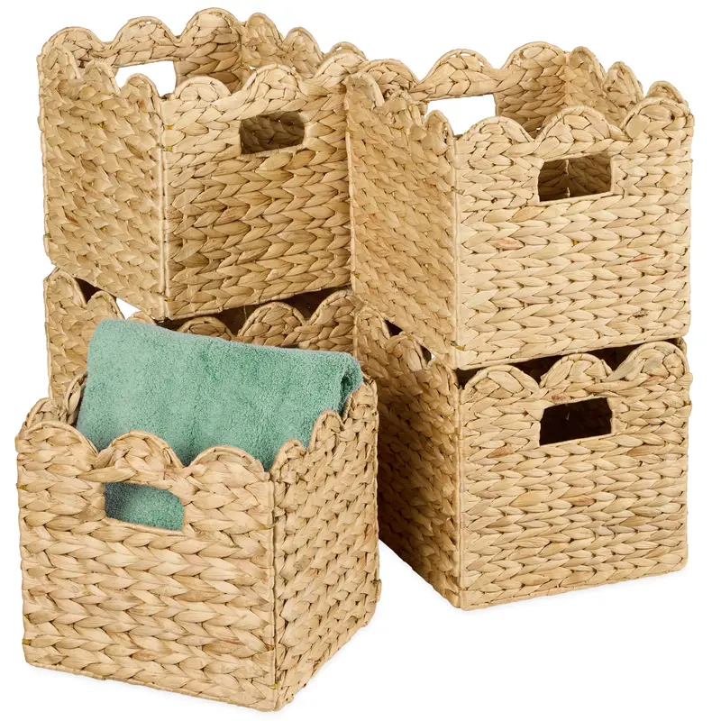 Scalloped 12-Inch Square Hyacinth Storage Basket Collection (5-Pack)