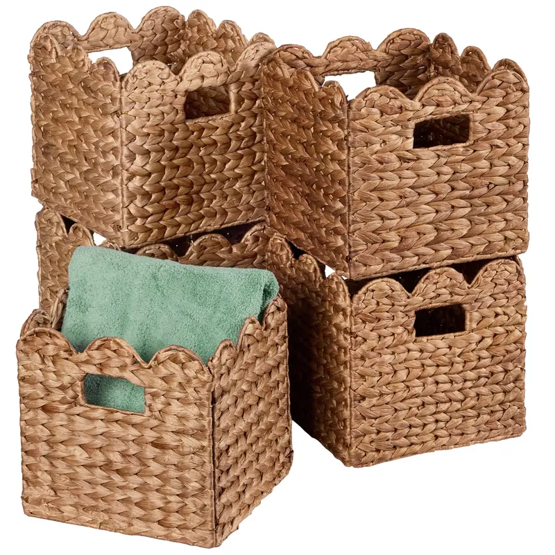 Set of Five Scalloped-Edge Hyacinth Storage Baskets (10.5″ x 10.5″)