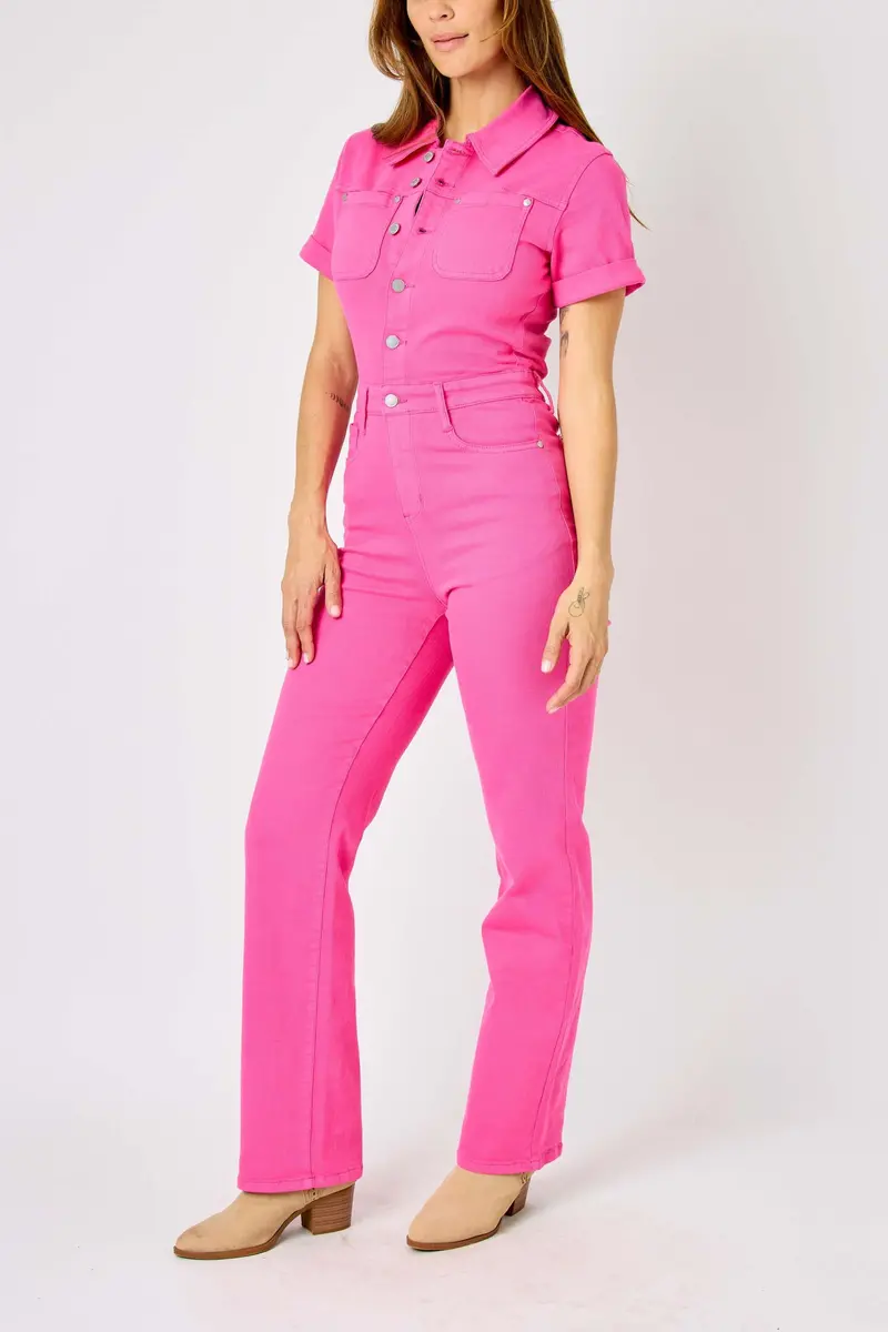 Short-Sleeve Straight-Leg Jumpsuit in Garment-Dyed Denim – Judy Blue