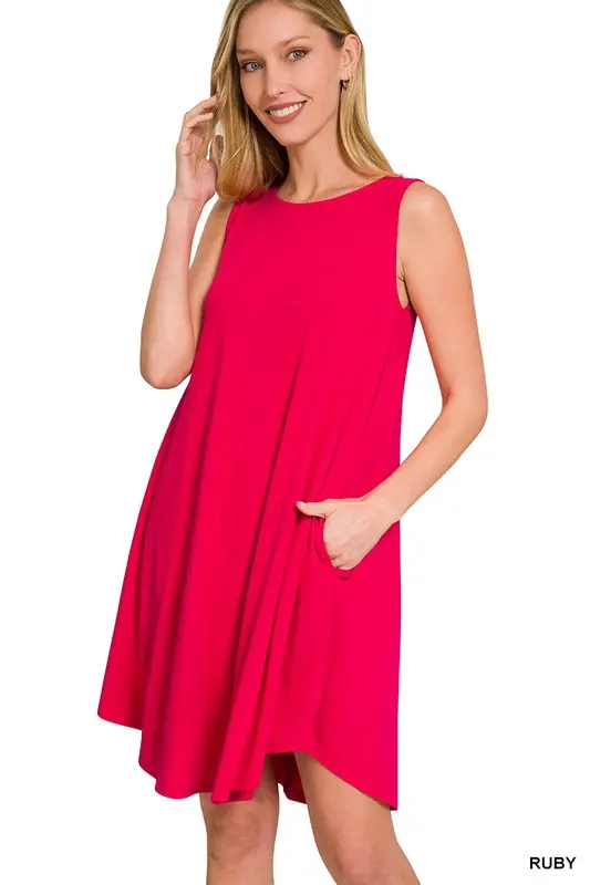 Sleeveless Swing Dress with Round Hem and Functional Pockets